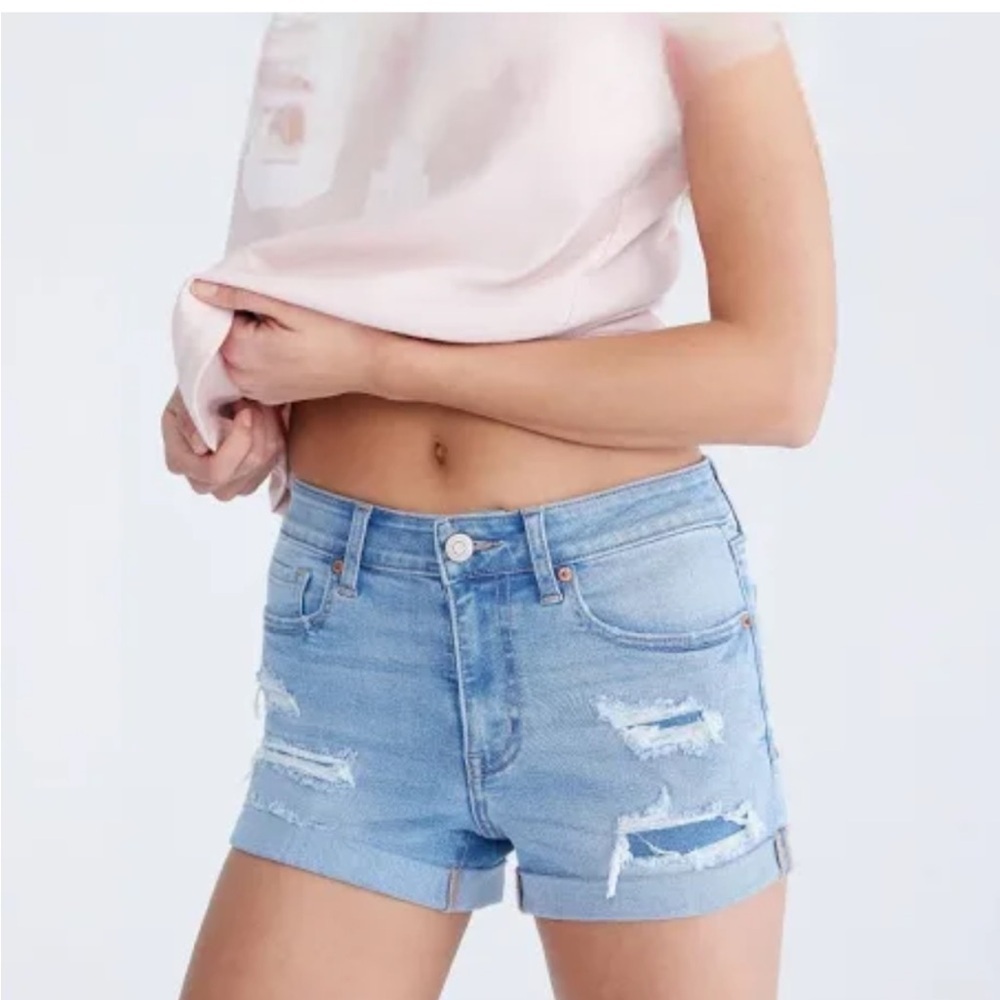 NWT Aeropostale High Waisted Midi Light Blue Distressed Denim Shorts